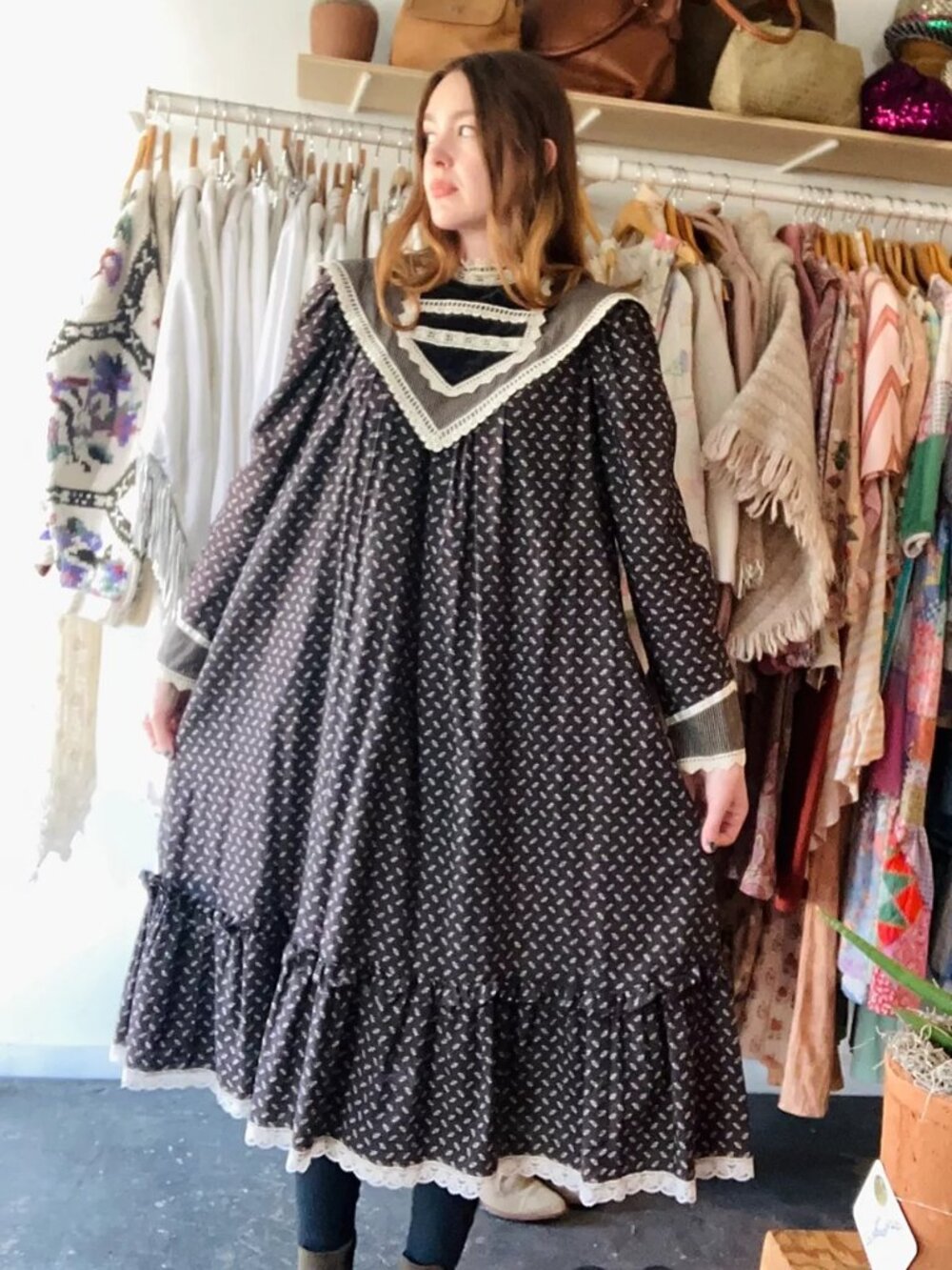 70'S SCOTT McCLINTOCK GUNNE SAX PRARIE CALICO DRESS HIGH NECK SZ XL / 16